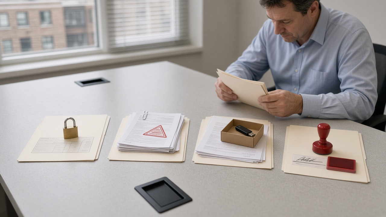 Four cream diligence cards in a row on a pale-grey contractor HQ boardroom table: a brass padlock on title-block sheets, a steel pin through a clipped revision bundle, an open brown archive box with a USB stick, and a red desk stamp with ink pad; a document controller's hands align the pin card, brick facades through an office window.