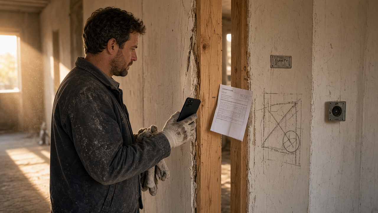 A trade closer photographs a door-reveal defect at arm's length, an issued-sheet extract taped to the leaf beside the jamb, late-afternoon light in an unfinished plaster corridor.