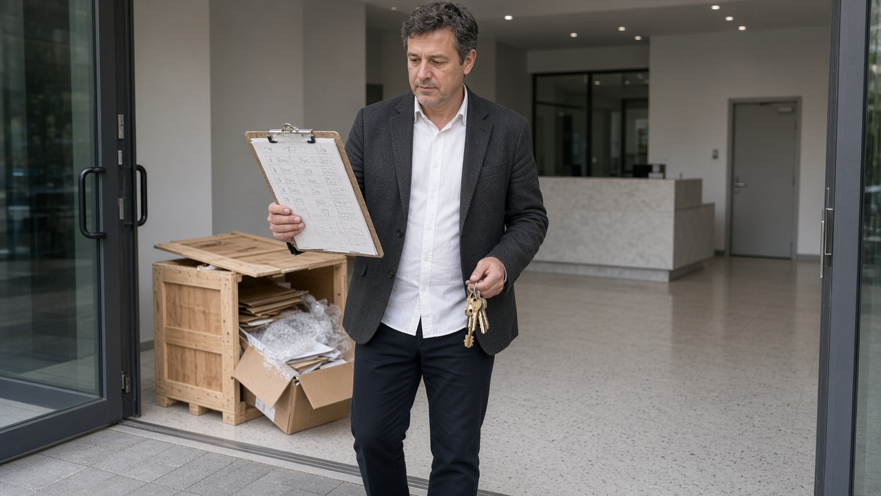 An owner in a charcoal blazer stands at a finished lobby threshold holding a clipboard with a six-row handwritten score sheet and a tagged set of brass keys, an unfinished open crate of loose folders behind them.