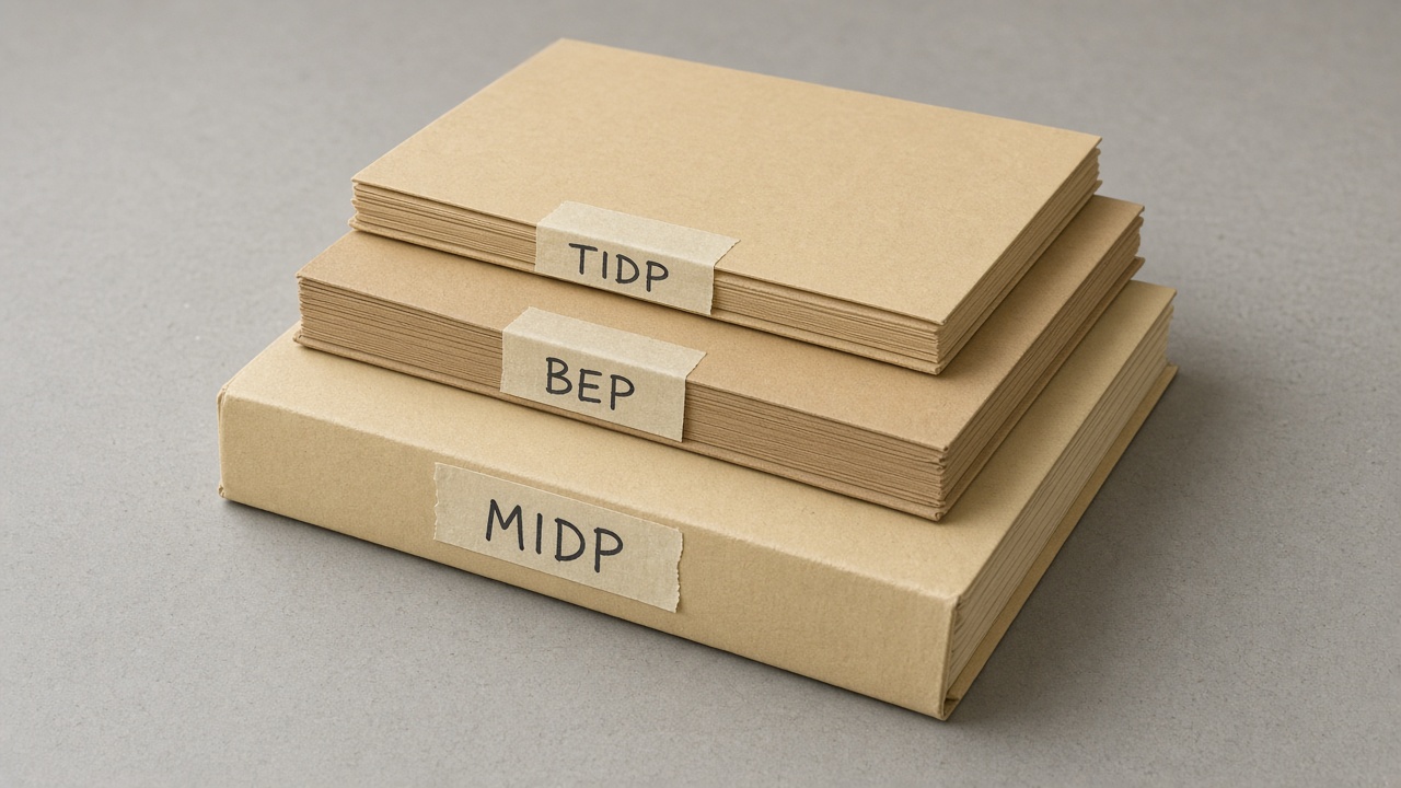 Overhead view of three interlocking manila folders of different thicknesses labelled BEP, MIDP and TIDP in tape, stacked as one stepped block.