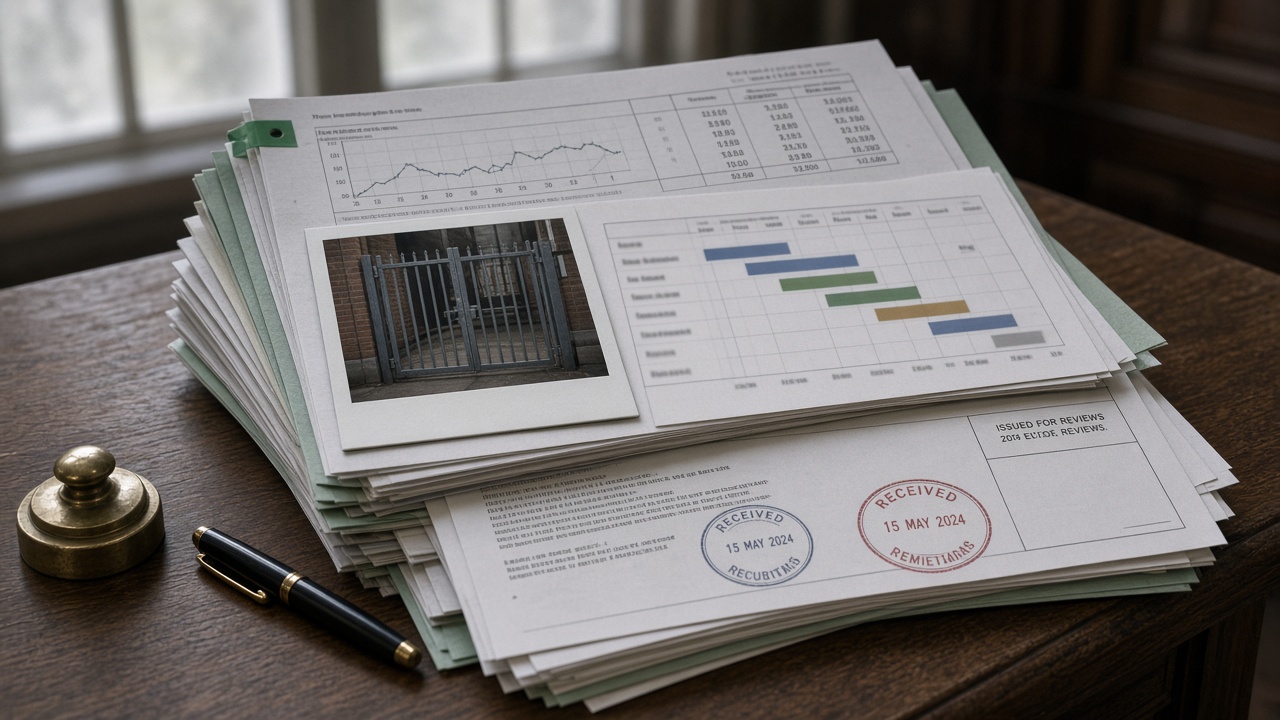 An adjudicator's dark oak table: a treasury-tagged paper stack showing a weather printout with a rainfall graph, a photograph of a locked site gate, mute programme bars, and red received-date stamps, with a brass paperweight and fountain pen beside it.