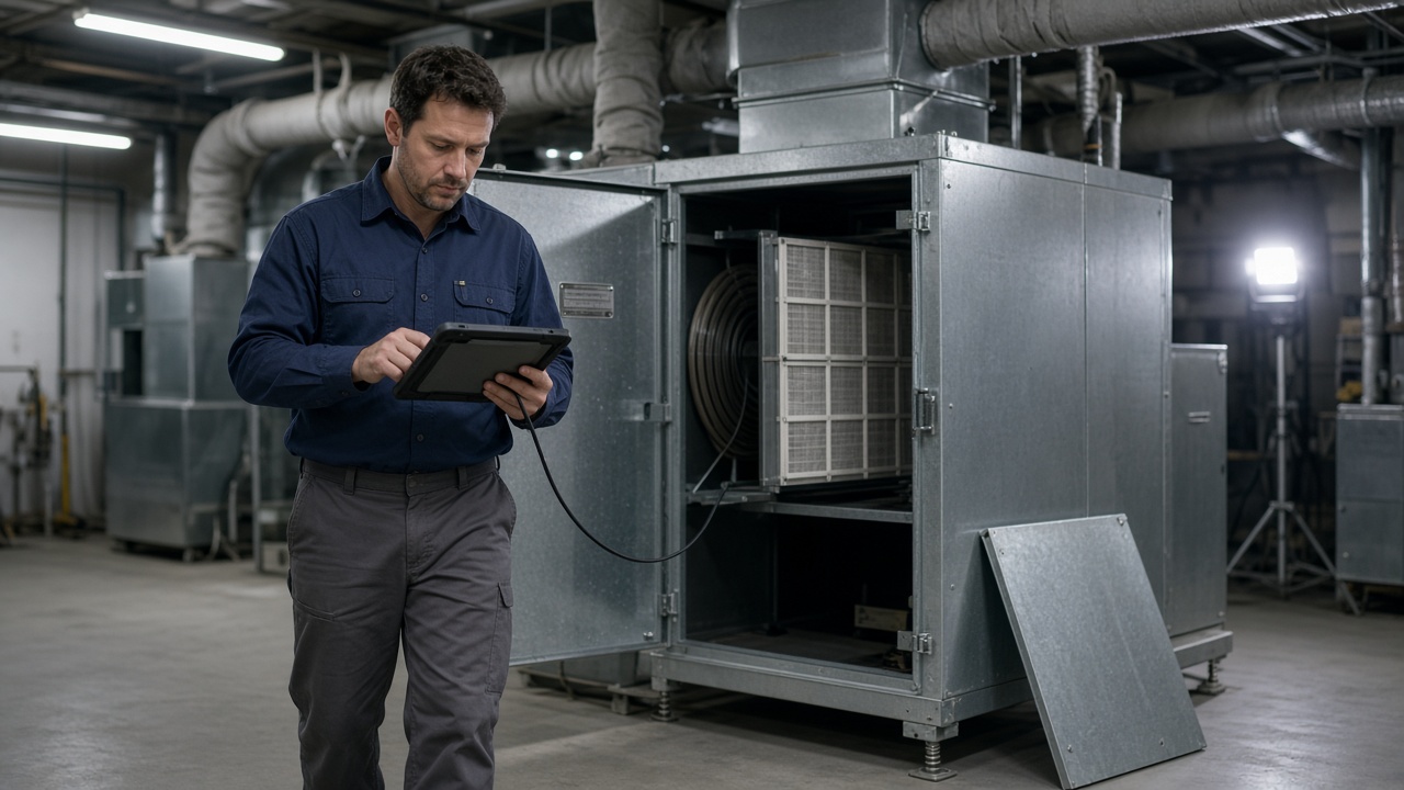 A commissioning technician in a navy work shirt stands in a plant room entering readings on a tablet beside an air-handling unit whose access door is still open, showing the filter bank and fan, with the detached panel leaning against the casing.