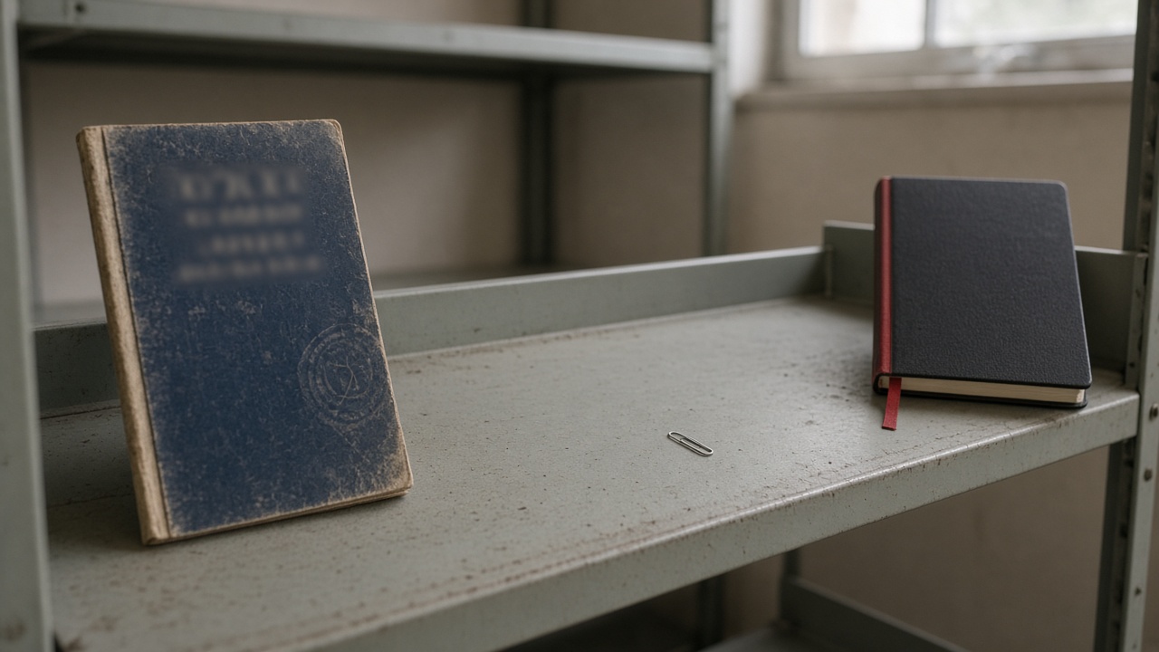 A dusty pale-grey steel archive shelf: a worn navy 2015 statutory pamphlet with unreadable type on the left, a lone paperclip in a wide empty run of shelf, and a newer black 2025 site diary with a red ribbon on the right.