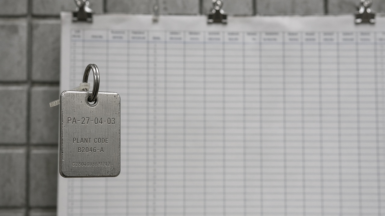 A small scuffed aluminium plant asset-tag on a split ring, sharp in the foreground against a breeze-block wall; behind it a three-metre printed spreadsheet banner hangs from clip-hooks, a blurred wall of empty cells.