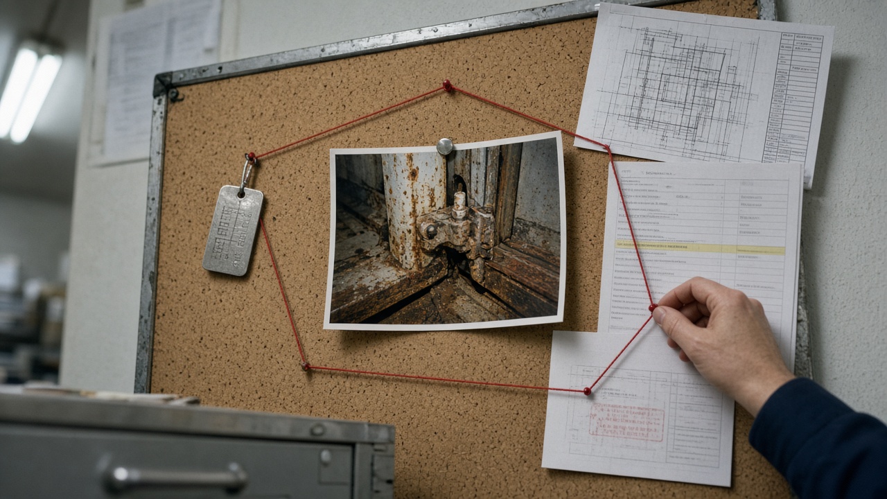 A cork briefing pinboard: a printed photo of a rusted AHU access-door hinge and corroded filter-frame flange, pinned at the centre; a stamped metal asset tag, a photocopied issued-drawing corner, and a yellow-highlighted briefing row around it; thin red string looping those four objects closed; a document controller’s hand at the lower right adjusting a pin.