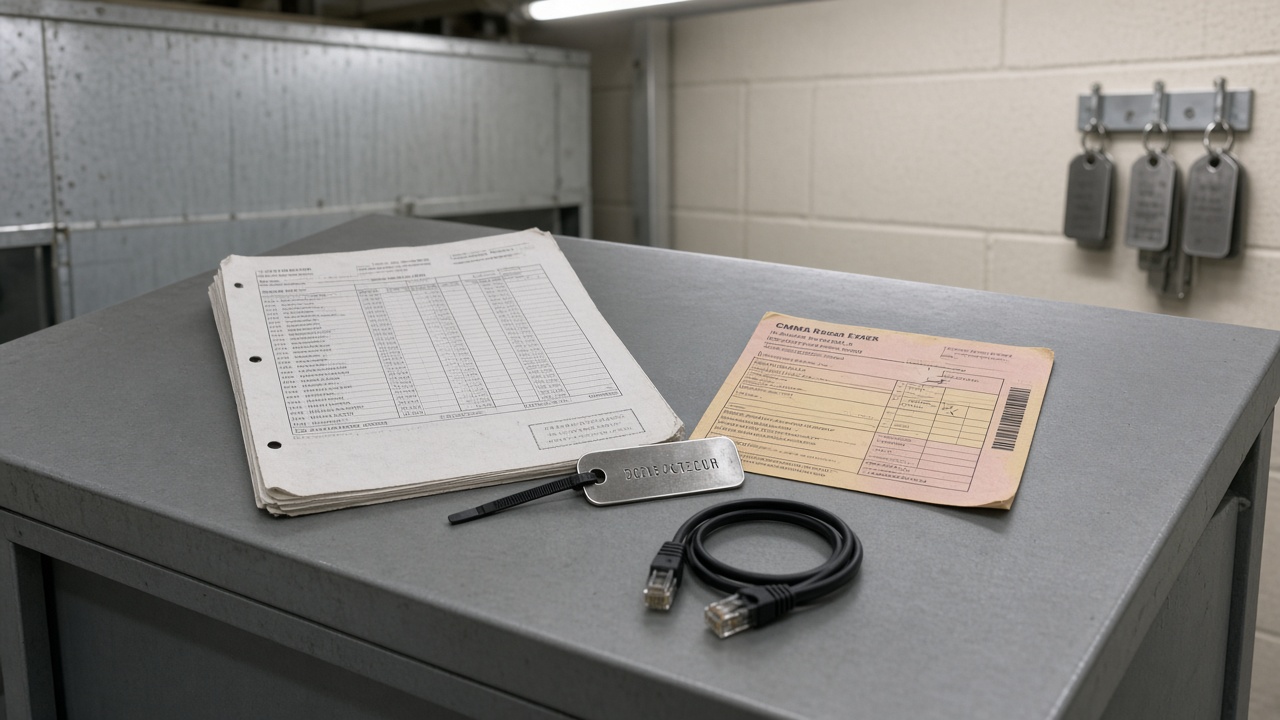 Overhead documentary still of a grey steel facilities bench: a hole-punched CDE asset-information extract on the left, a yellow-pink CMMS work-order card on the right, one stamped stainless asset-ID tag overlapping both sheets, and a single unused black patch cable beside them; galvanised plant casing and a hook rack of blank tags in the background.