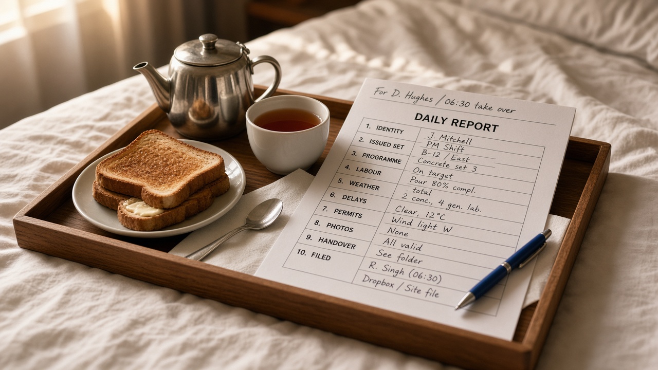 A one-page daily report with ten short field blocks and a named reader scribbled at the top, lying across a project manager's hotel breakfast tray with toast and tea.