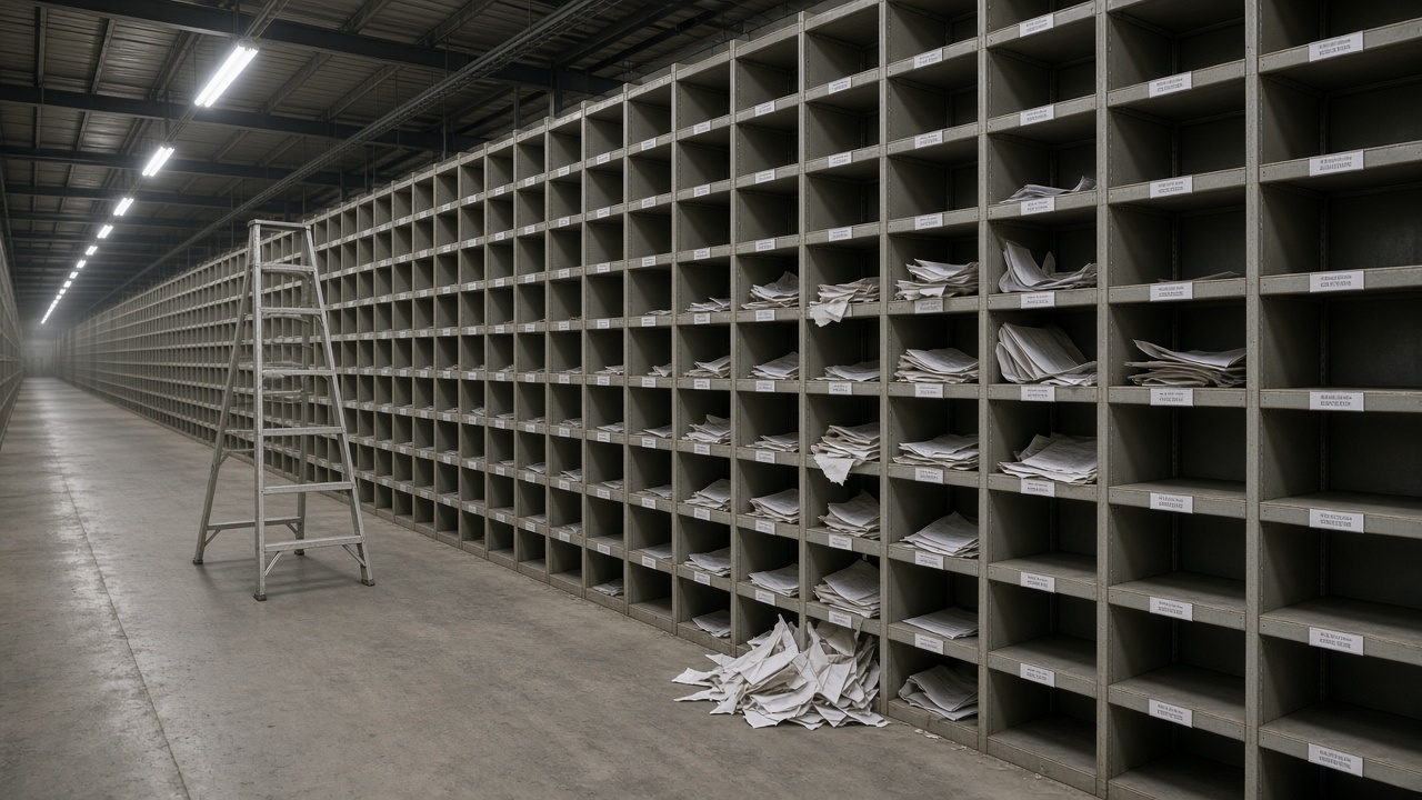 A warehouse aisle of hundreds of named metal pigeonholes receding into the distance, most empty, a few overflowing with plots, an aluminum step-ladder left in the aisle.