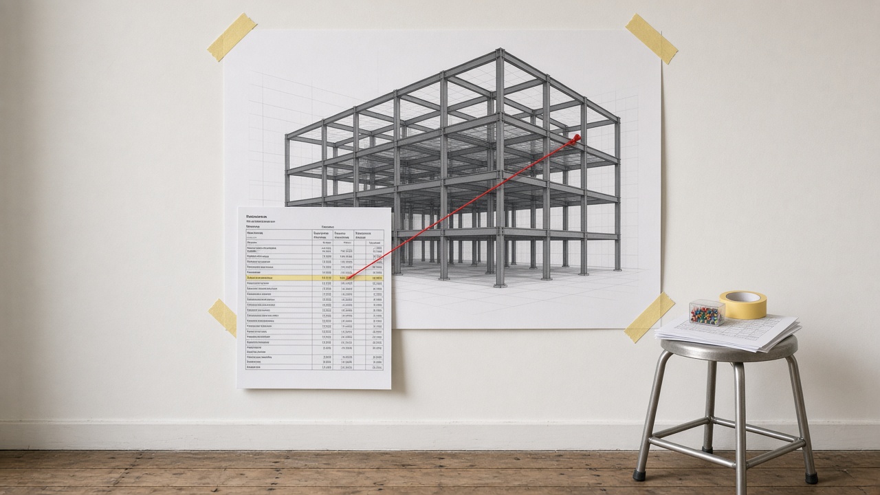 A design-studio pin-up: an A1 print of a structural model screenshot taped to the wall, a laser-printed risk-register sheet taped over the lower left, and a red string pinned from one highlighted row to a specific upper-storey beam.