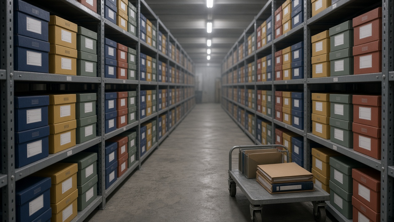 A long records-room aisle of steel shelving, colour-coded archive boxes already banded for the issued set, transmittals, mail and registers — orderly, not a panic pile.