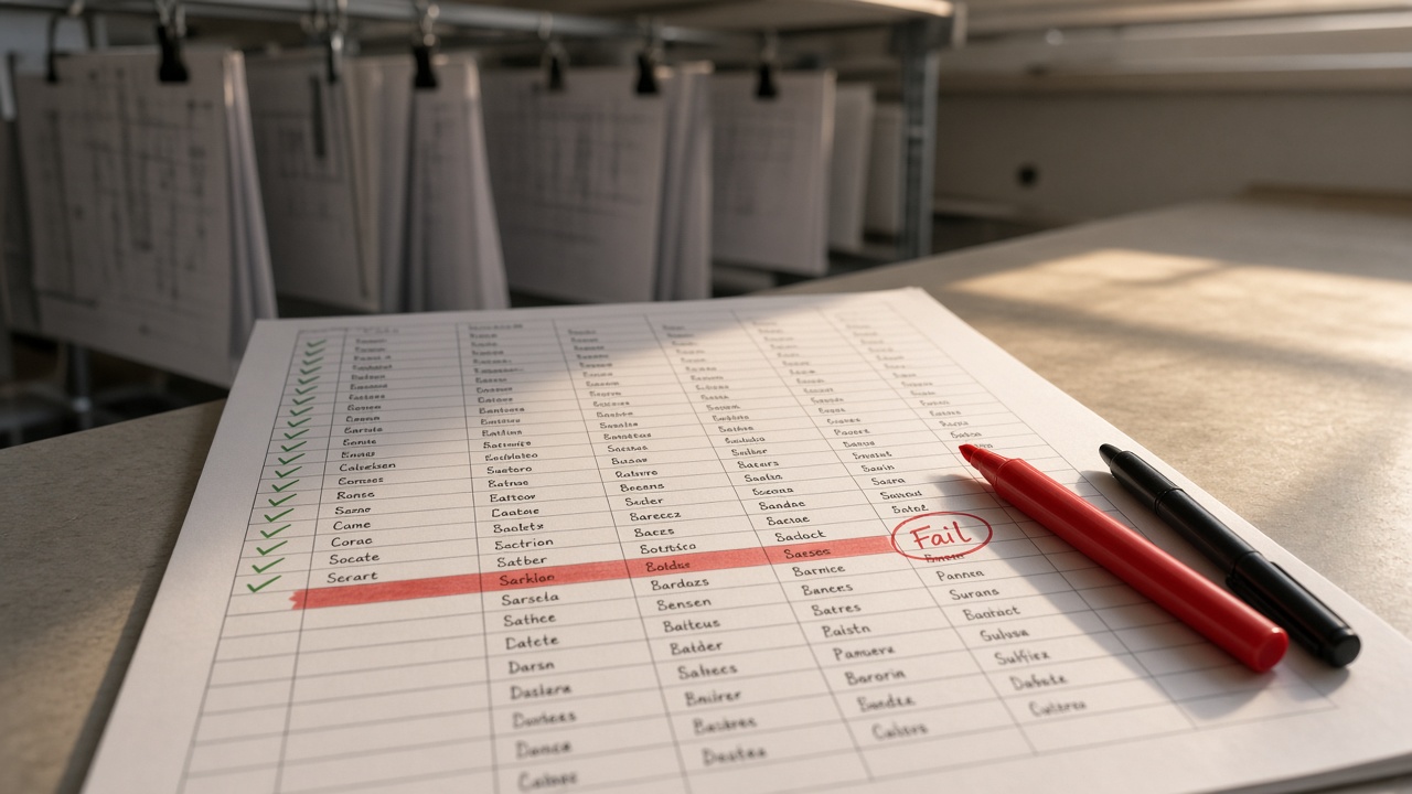 A Friday-afternoon drawing register printed as a long A3 table on a records bench, green ticks stopping halfway down the pass column, one mid-table row flooded in red highlighter, a highlighter and felt-tip on the paper, hanging-plan rack behind.