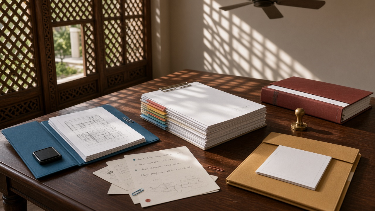 A dark-wood issued-set table in Gulf daylight through mashrabiya lattice: one clipped published stack and bound register at centre, mapped to three different-coloured submission folders — teal, sand-ochre, and terracotta — each a different thickness, no logos.