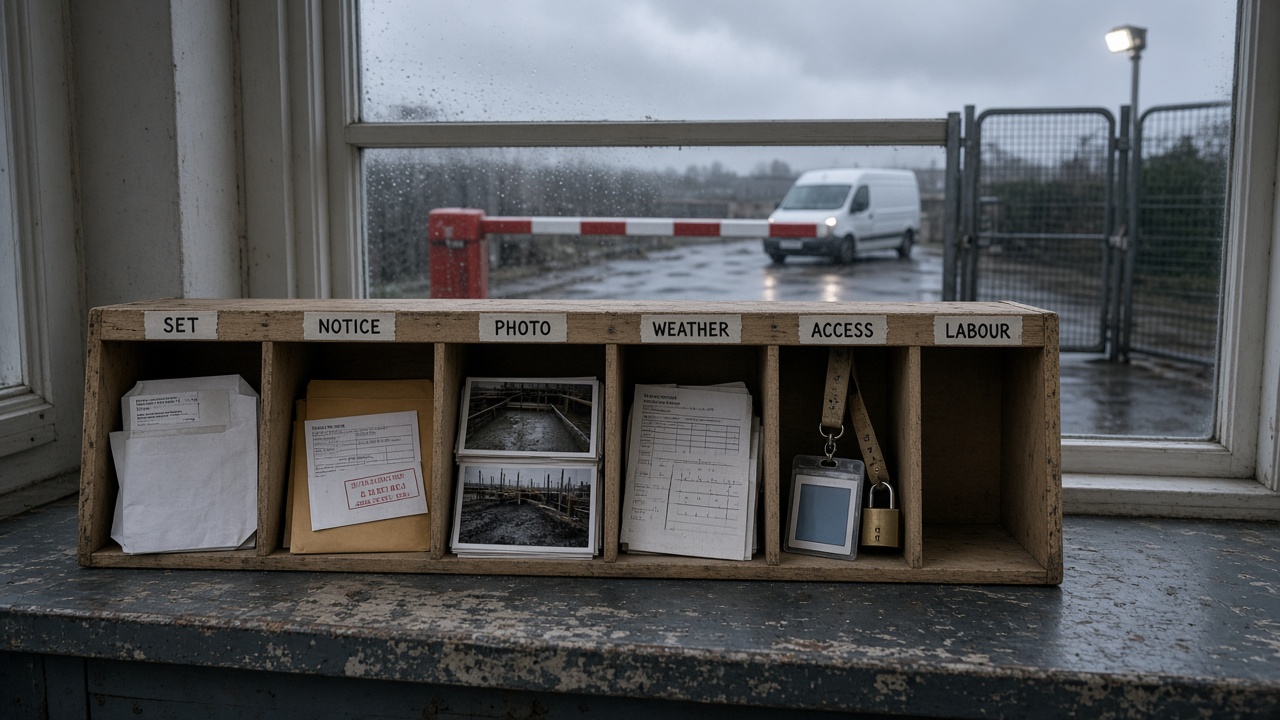 A brick site gatehouse at dawn: a six-slot daily-capture crate labelled set, notice, photo, weather, access and labour sits on a steel counter, the labour slot empty, with a closed barrier and locked pedestrian gate outside.
