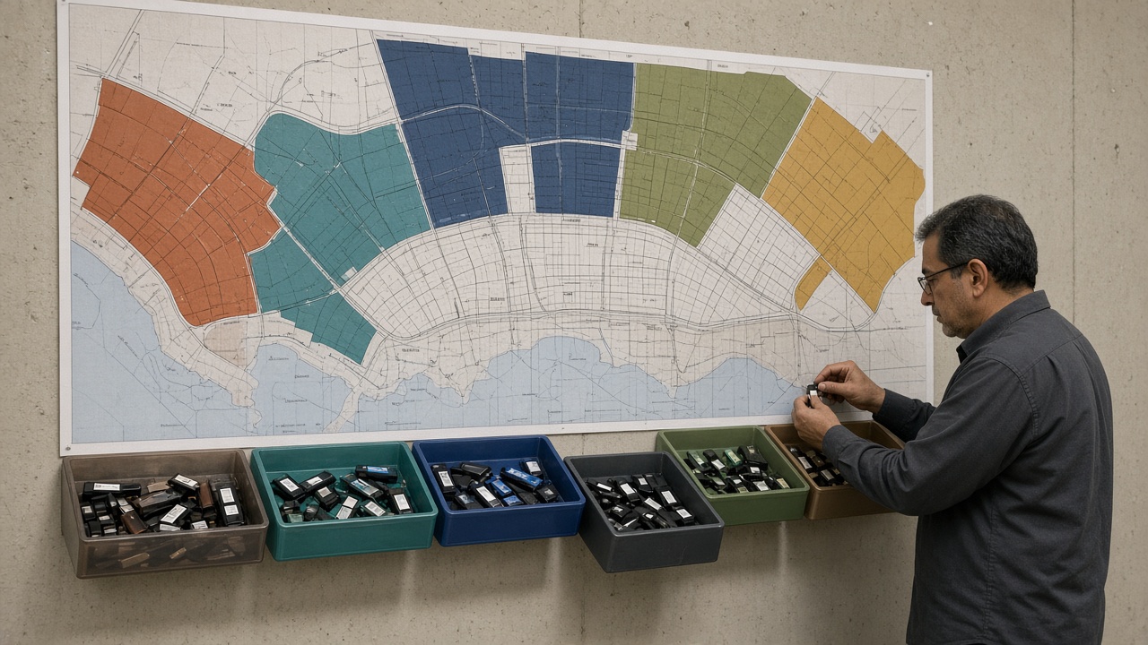 A document controller in a plain office shirt pins a USB into a charcoal tray at a wall masterplan split by coloured tape into package zones, each zone hanging a matching-colour tray of USB sticks.