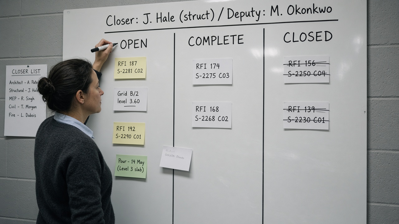 A document controller in a charcoal jumper writes a named closer at the top of a site-office whiteboard ruled into OPEN, COMPLETE, and CLOSED columns, with handwritten RFI cards citing sheet revisions.