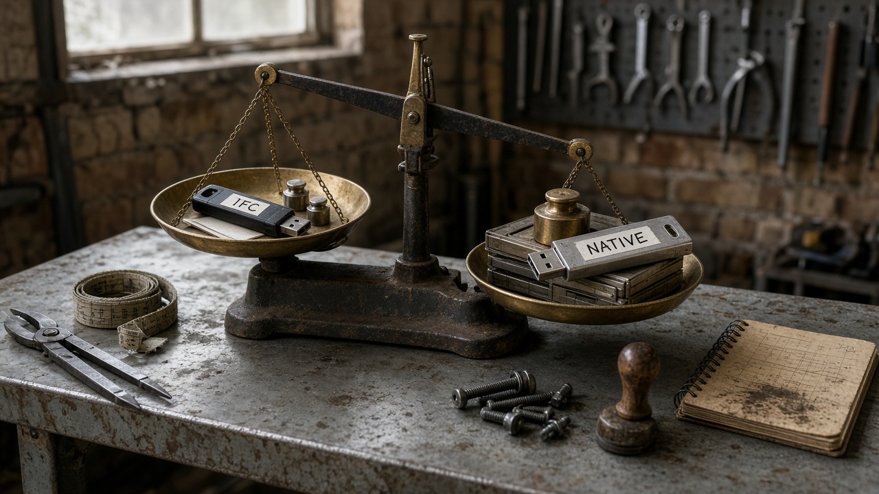 A vintage two-pan balance on a scratched metal workshop bench, an IFC-labelled USB stick on the lighter rising pan and a NATIVE-labelled stick plus unmarked archive media on the heavier sinking pan, with calipers and a tape measure nearby.
