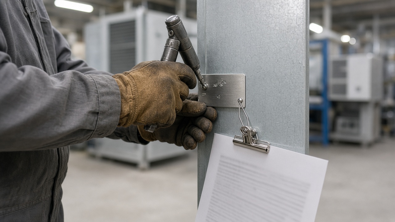 A factory worker in grey overalls and leather gloves rivets a small blank metal plate onto a galvanised air-handling unit while a paper inspection sheet hangs from a clipboard clip on the same cabinet, under cool fluorescent shop-floor lighting.