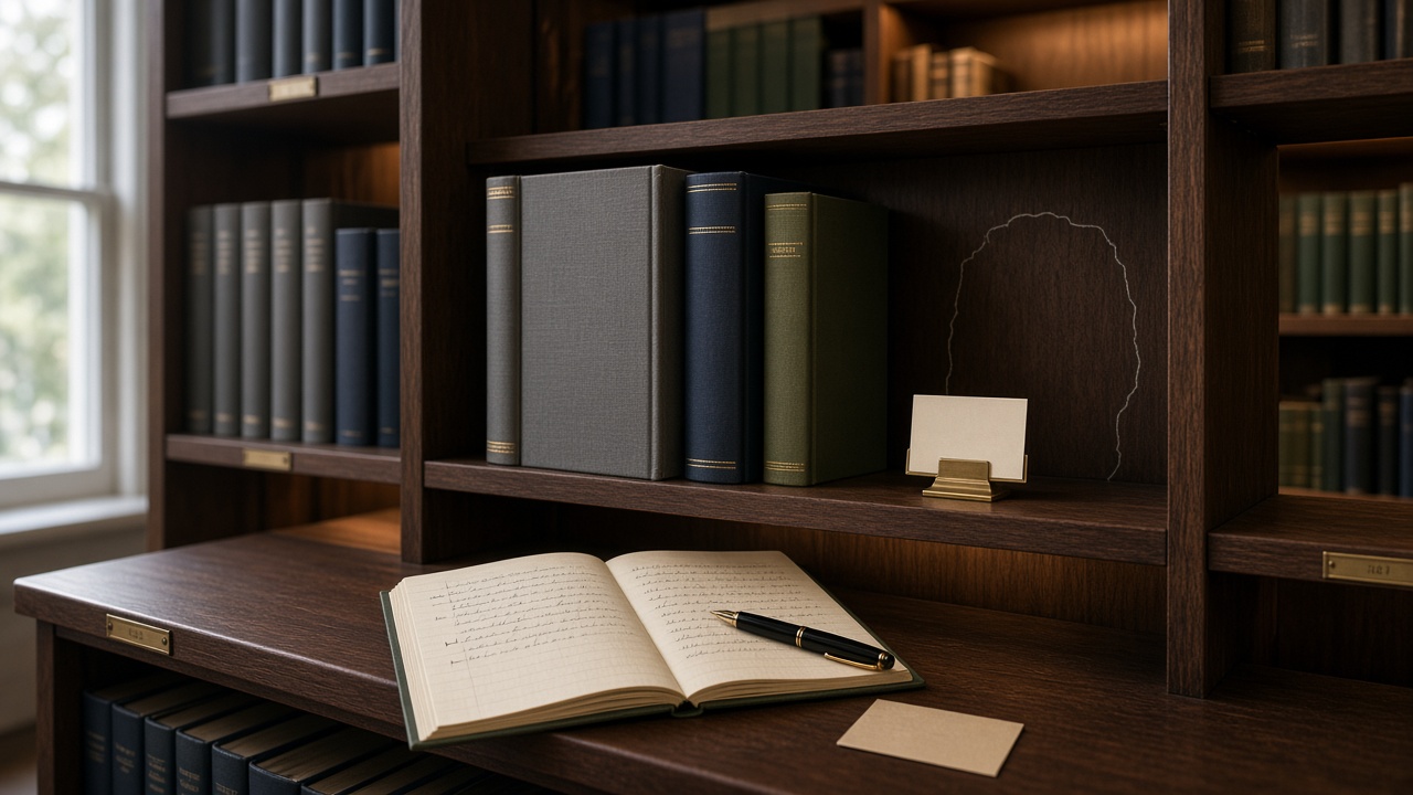 A walnut standards-library shelf: three unmarked cloth-bound volumes in grey, navy and olive occupying published bays, an empty reserved slot with a blank cream card in a brass holder, and a watcher's two-column notebook open on the reading ledge.
