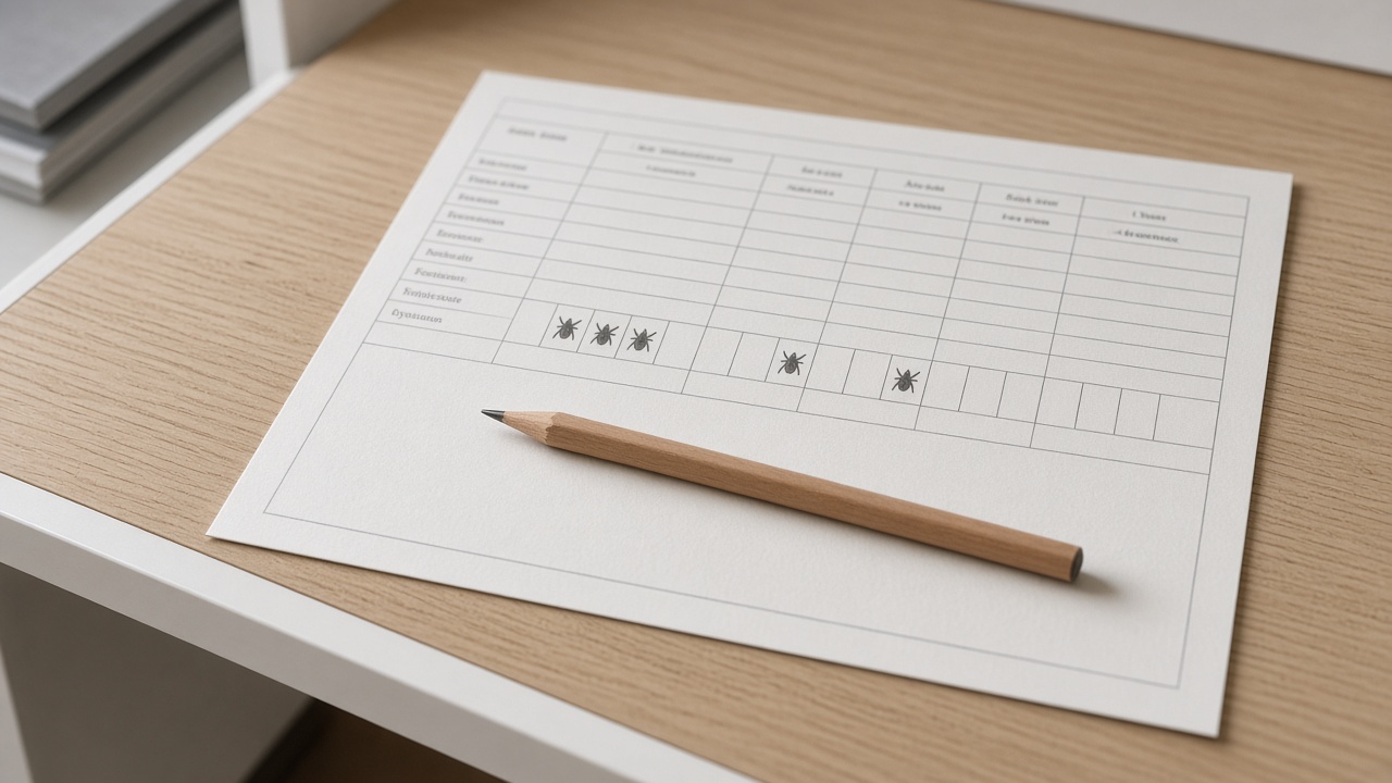 A printed A3 door schedule on a pale oak studio table: one fire-door row with only three cells filled and the rest empty, three graphite pencil ticks on those cells, no hard hat.