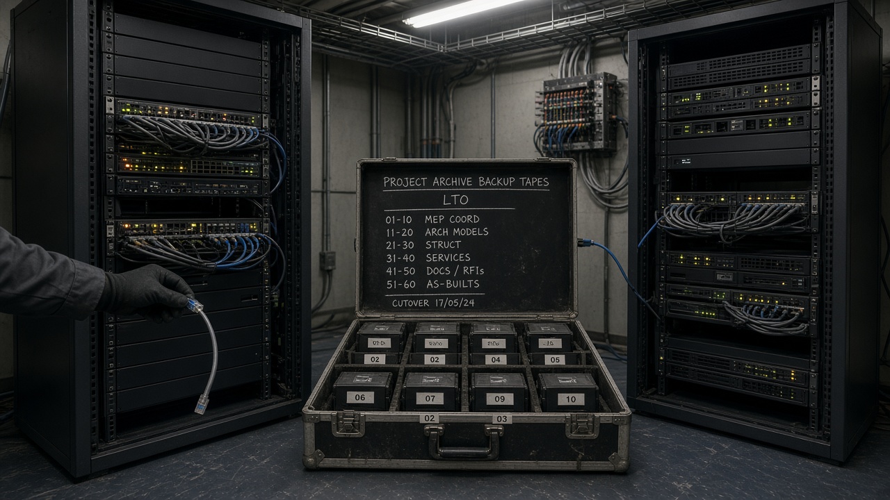 Two powered server racks in a comms closet with an open labelled flight case of archival tapes between them and one network cable mid-move from the old rack to the new.