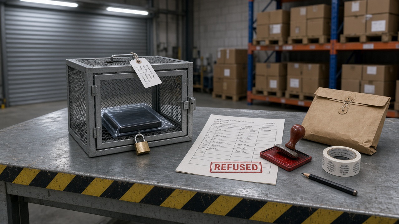 A site receiving bay: a portable hard drive locked in a metal media cage, a printed five-gate score sheet, and a red REFUSED stamp on a steel counter.