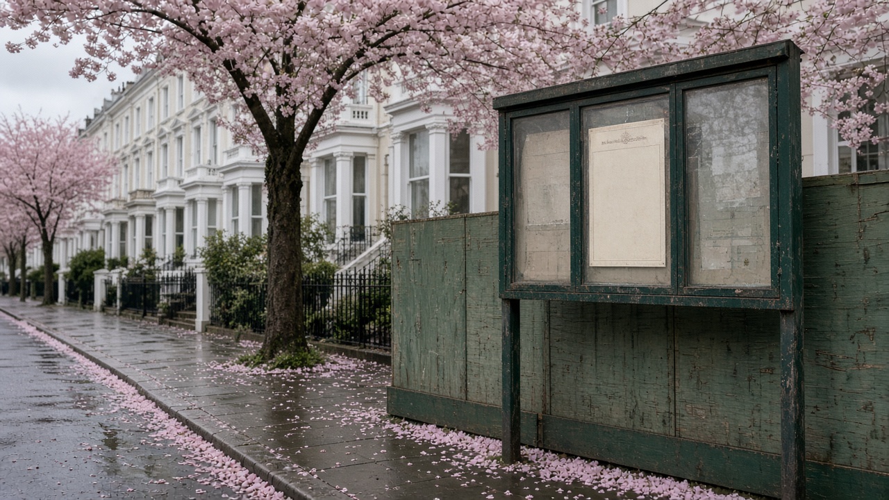 A wet London terrace street in late April: pale cherry blossom on the pavement and in the gutter, and a weathered green site notice board with a large blank commemorative poster space beside faded hoarding.
