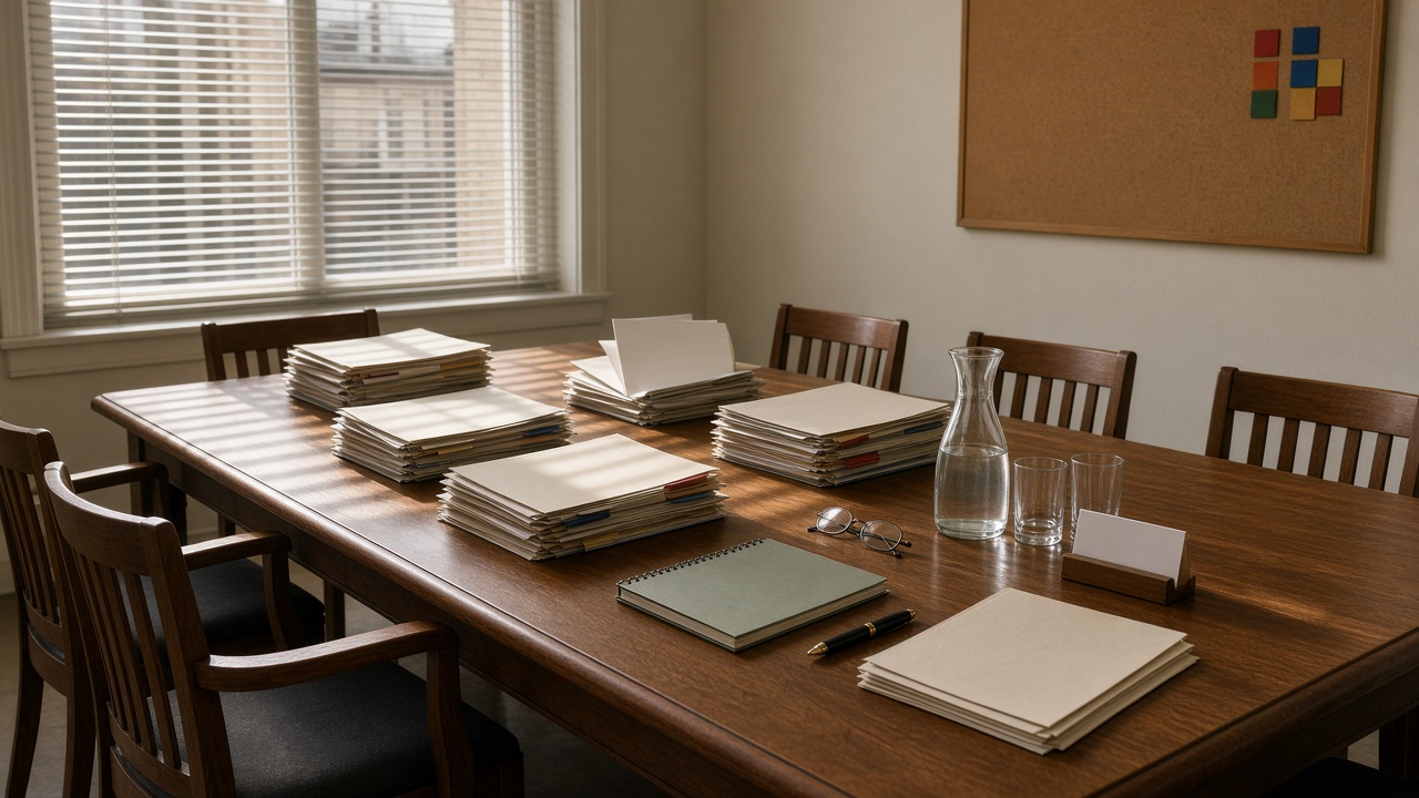 A British national-committee room in late April: a long oak table under venetian-blind stripes, stacked manila and grey-board draft-commentary folders with colour tabs, a closed unmarked sage briefing pack, a fountain pen, steel-framed glasses, a water carafe, and a blank name card — no readable clause text.
