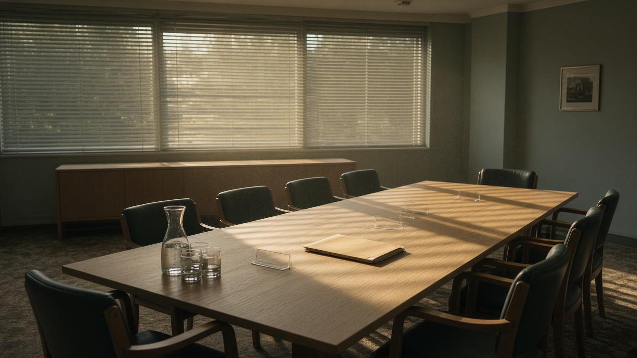 An empty British standards committee room in late-August light: venetian blinds drawn, gold slats across a long oak table, a closed manila comment-period folder at the centre, empty chairs pushed in, and dust motes in the still air.