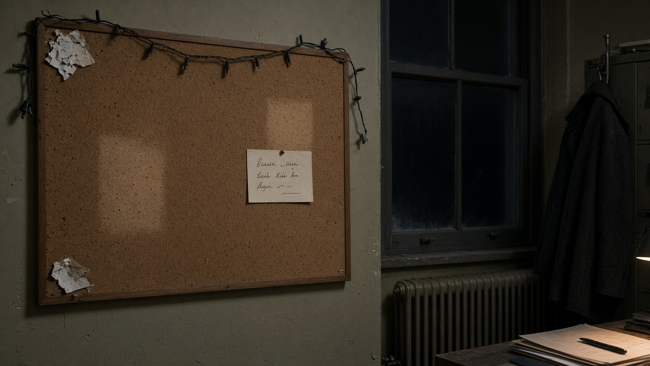 A half-cleared cork pinboard on a last December office night: leftover pins and faded rectangles, unplugged fairy lights draped dark across the top, and one small remaining watch card still pinned.