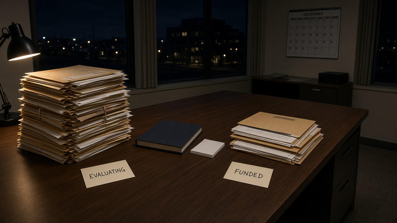 Night in a contractor office on the last working day of December: a walnut table holds two columns of manila envelopes, a large stack labelled EVALUATING and a thinner stack labelled FUNDED, with a closed cloth register between them and a dark winter window beyond.