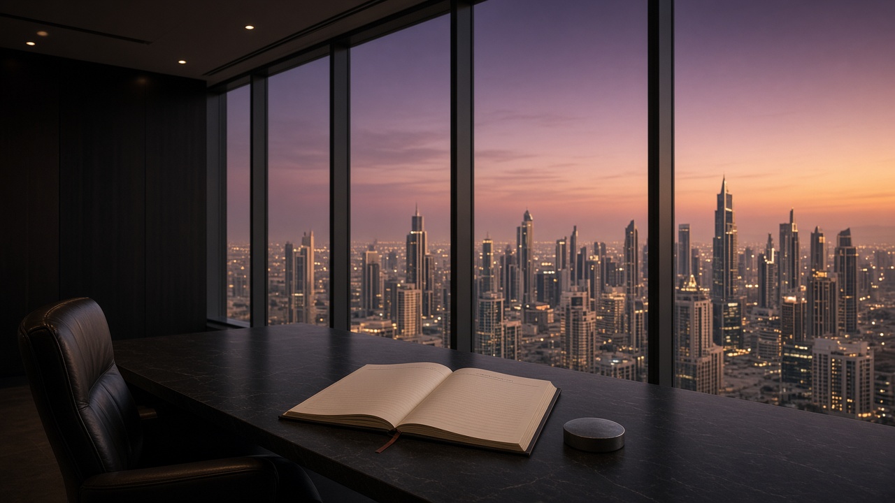 February dusk over a Gulf city skyline from a high office; a thin register ledger lies open to a blank watch page on a dark table by the glass.