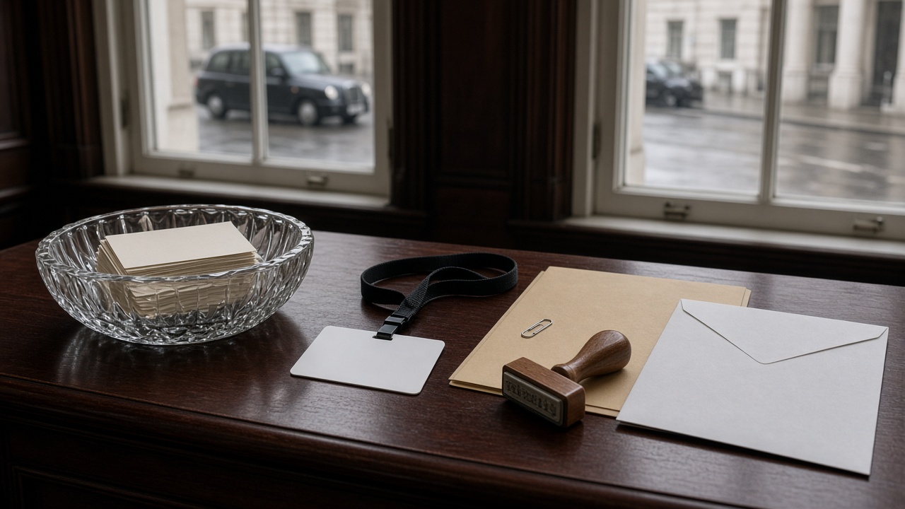 A late-February London consultancy sideboard in grey overcast light: a cut-glass bowl of unmarked cream business cards, a blank white swipe card on a black lanyard, a closed manila appointment folder with a date stamp and sealed envelope, and wet pavement with black cabs beyond tall sash windows — no named firms.