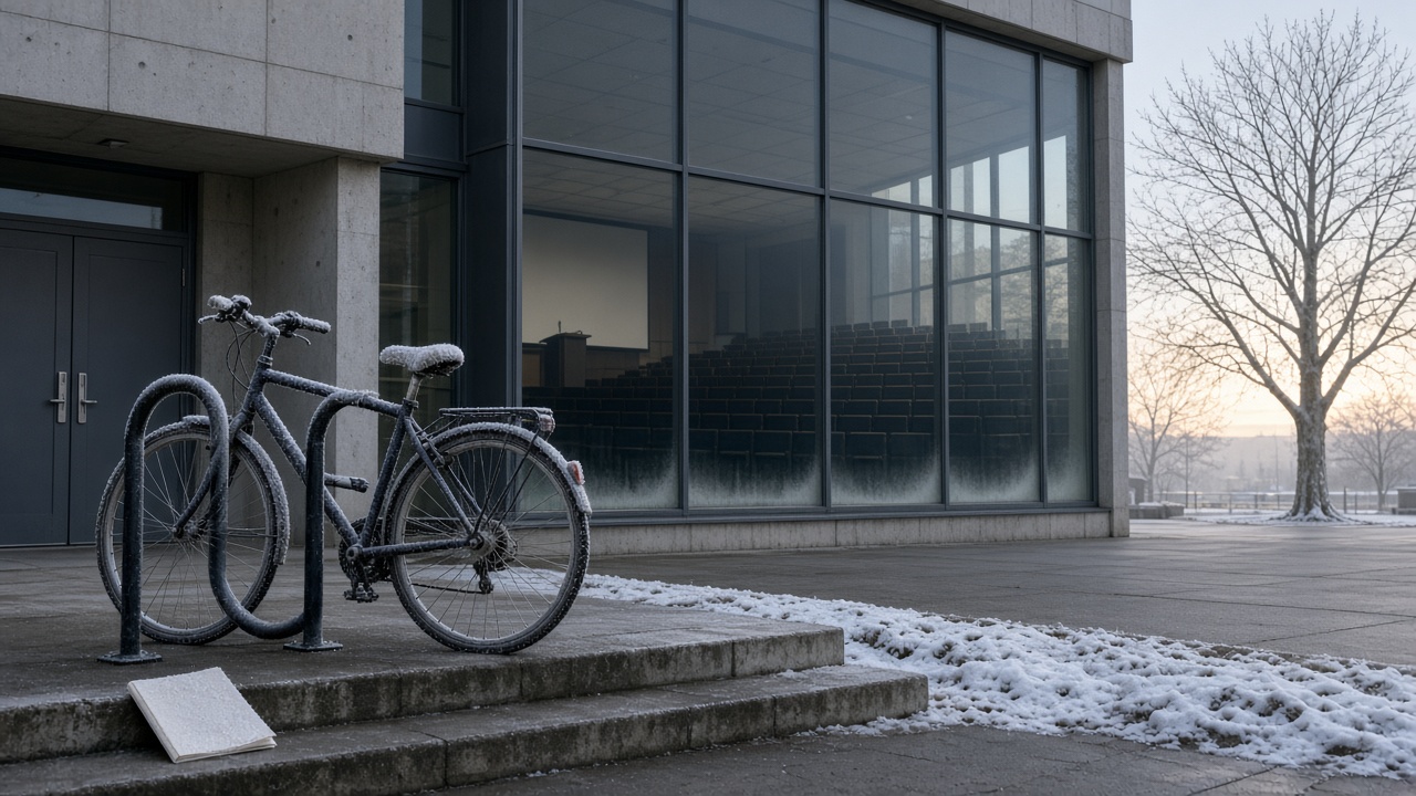 January frost on a locked bicycle outside an empty lecture hall, a face-down pamphlet on the step, pale morning after the anniversary talk.