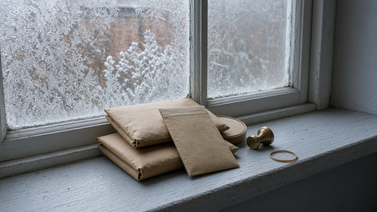 Sealed kraft-brown wrap-up envelopes and a thicker inter-office pouch left on a frost-lined stone windowsill, January light through ice on the pane, no site and no crane.