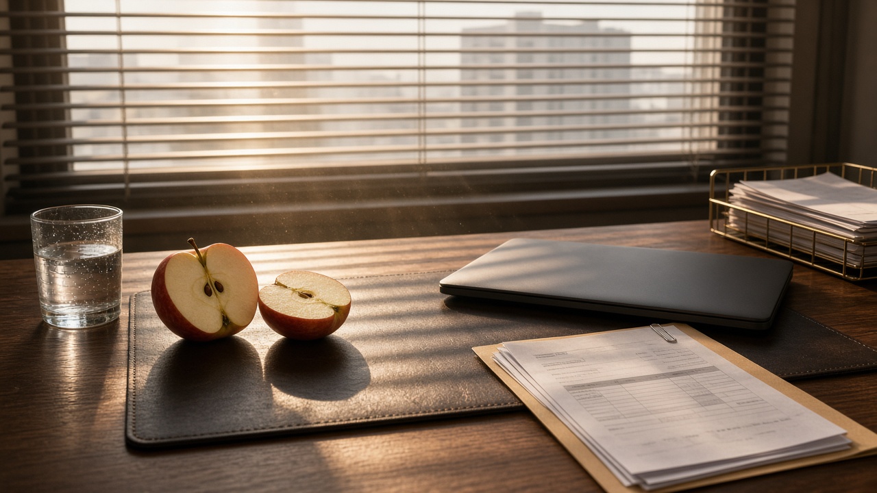 A dark finance desk in late-July heat: a halved apple beside a closed laptop, a slim budget folder, and striped sun through venetian blinds with heat haze — no crane, no site cabin.
