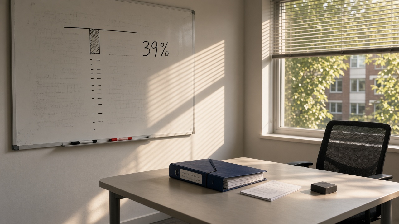 A late-July information-management office: summer light through venetian blinds onto a whiteboard where 39% is sketched as a ceiling on a half-filled bar, and a thick navy taxonomy binder still closed on the meeting table.