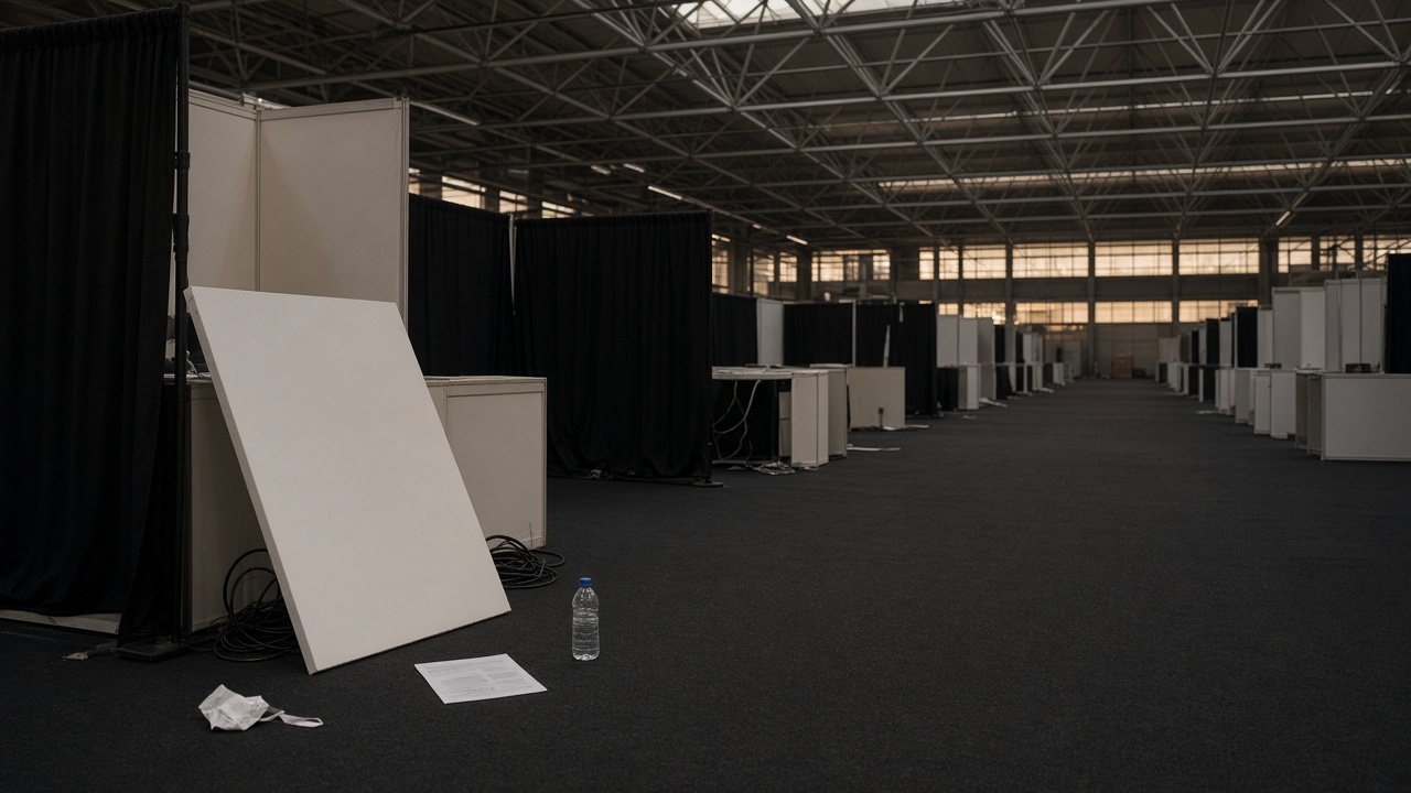 An empty London exhibition-hall aisle after hours in June evening light: black pipe-and-drape, vacant white counters, a leftover blank foam-board leaning against a booth, a discarded printed sheet and lanyard on the charcoal carpet, and an empty water bottle.