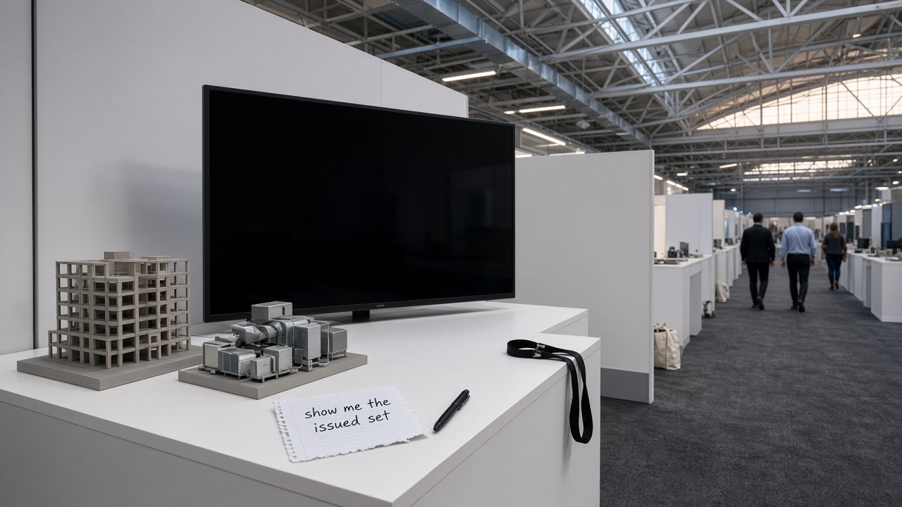 June evening in a thinned London exhibition aisle: a dark switched-off demo monitor beside concrete-frame and plant-room scale models, a handwritten scrap asking to see the issued set, and a few late visitors under white roof trusses.