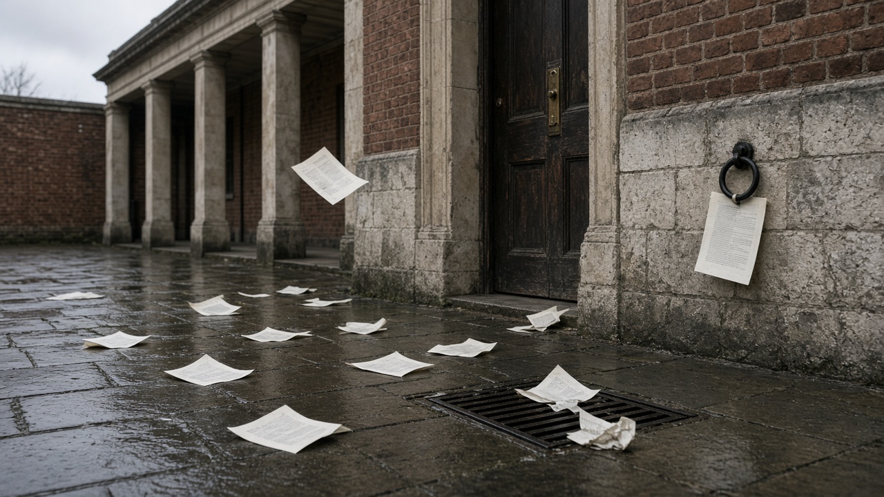 Late-March wind blowing loose A4 sheets across a wet stone courtyard outside a standards institute; one page pinned under an iron hitching ring while the rest of the pack skitters over the flagstones.