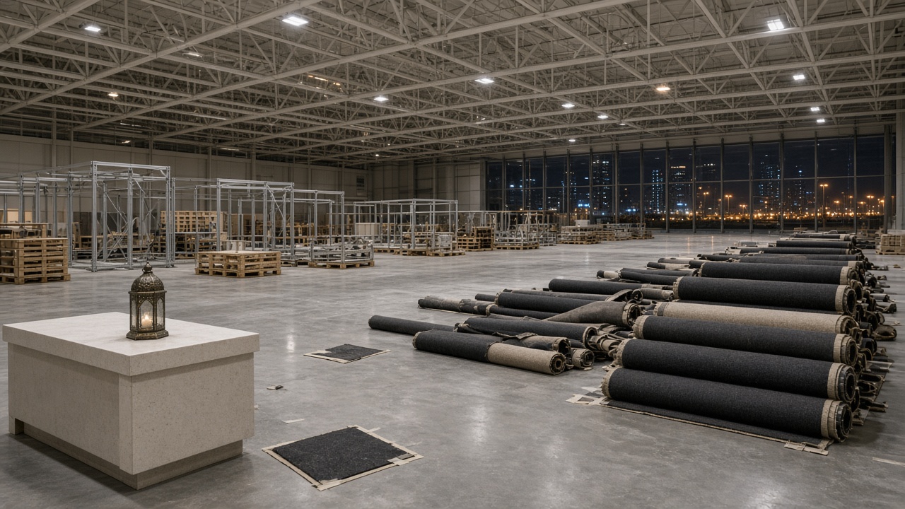 An emptied Riyadh exhibition hall at late-March night: rolled-up carpet cylinders stacked along a bare aisle, leftover stand frames with no signage, and a single unlit brass Ramadan lantern on a leftover counter, city glow through the far glass wall.