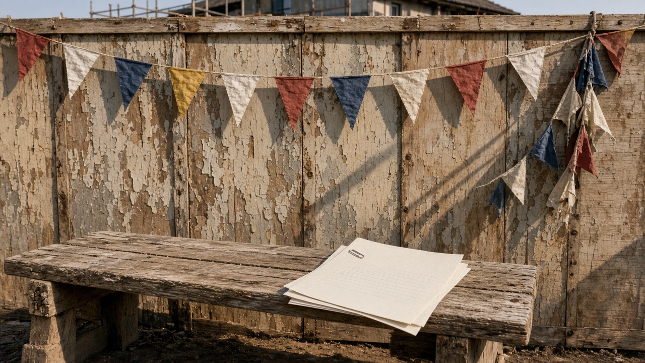 Sagging Construction Safety Week bunting on a sun-bleached site hoarding, with a face-down official fatality-table printout on a timber bench in late-May light.