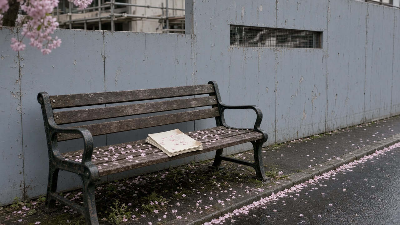 A weathered municipal park bench beside a scuffed grey-blue site hoarding in late-May overcast light: a thin unbranded pamphlet lies face-down on the slats with pale cherry-blossom petals, wet tarmac and a mesh viewing slot hinting at scaffolding behind.