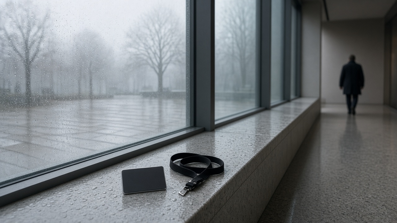 November fog beyond a glazed conference lobby; a standards-committee name badge lies face-down on a wet stone window ledge.