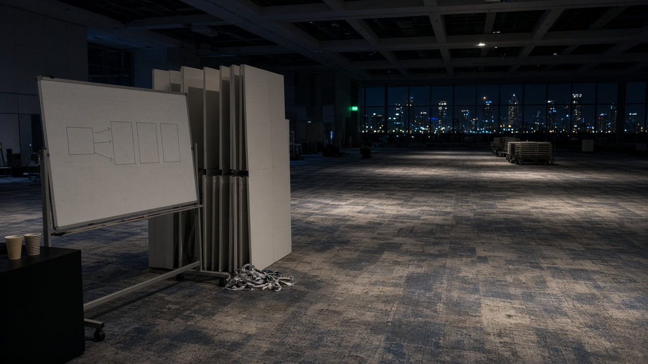 An empty Dubai exhibition hall at night after the show: long vacant carpeted aisles, leftover booth panels, and a rolling whiteboard with a faint three-window sketch of one pack recut into three unmarked portals.