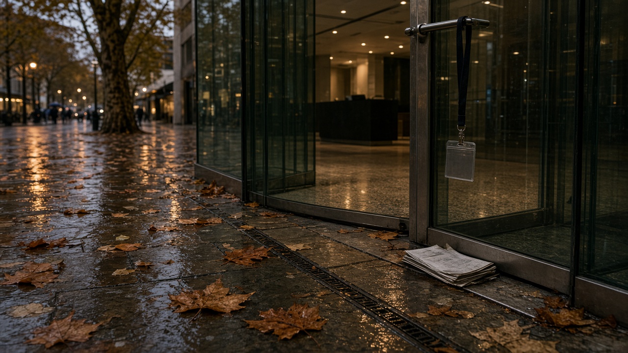 Wet October dusk on a London pavement: fallen plane-tree leaves stuck to York stone outside a conference-centre glass door, an unused black lanyard hanging from the handle, a soaked unmarked programme on the threshold.