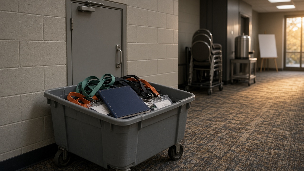 A hotel service-corridor bin after a Nashville-style AECO conference: tangled teal and charcoal lanyards, empty badge holders, and a thin roadmap booklet lying face-down on the rim in late-October afternoon light.