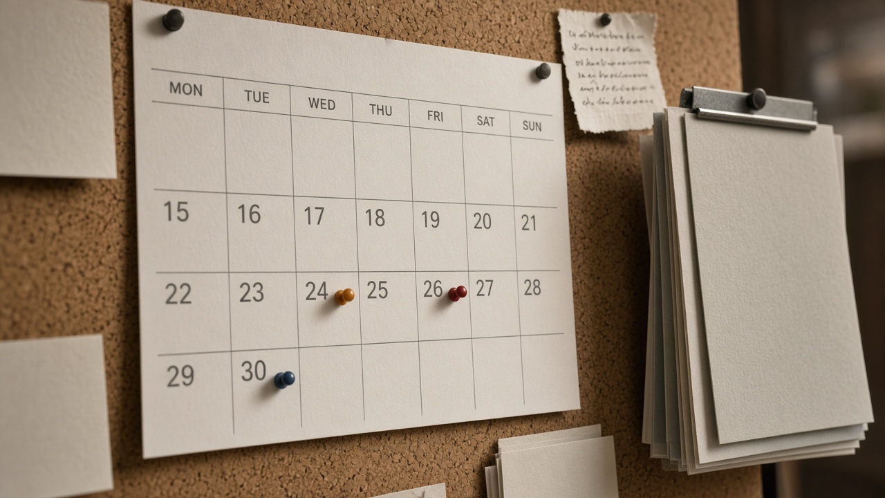 A site-office pinboard in autumn light: a wall calendar open to late September with coloured pins on the last week, and a thin stack of blank-covered standards pamphlets.