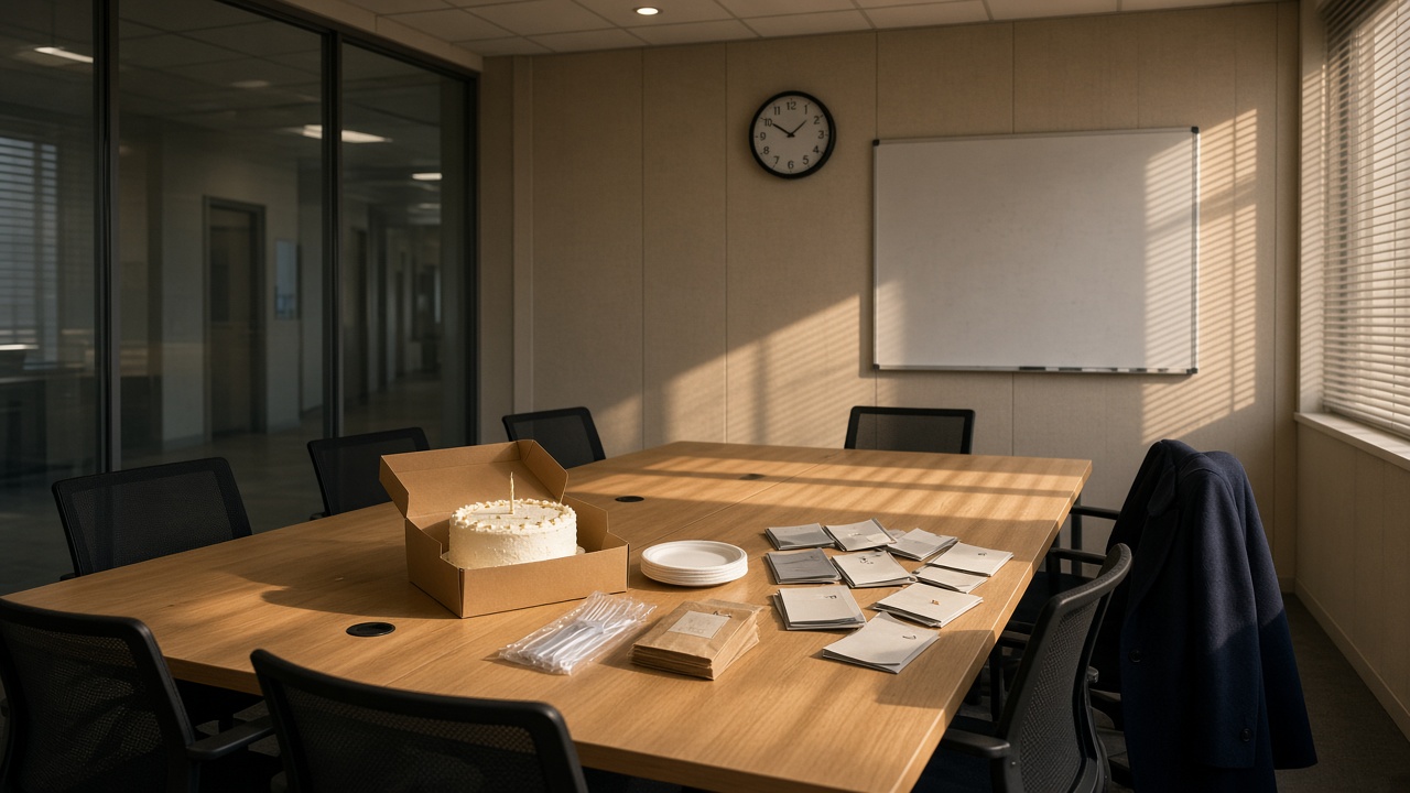 A project meeting room in late-September afternoon light: an uneaten first-anniversary bakery cake with one unused candle, and a collapsing stack of twelve thin saddle-stitched register issues on a long conference table after people have already left.