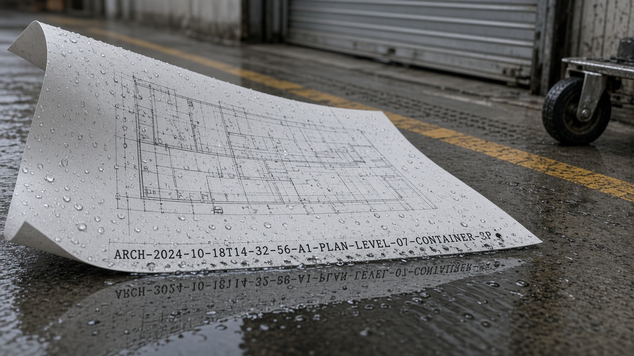 A freshly plotted A1 sheet on a wet loading-bay floor, the long hyphenated filename along the plot-stamp edge smeared by rain, its last characters unreadable in a puddle reflection.