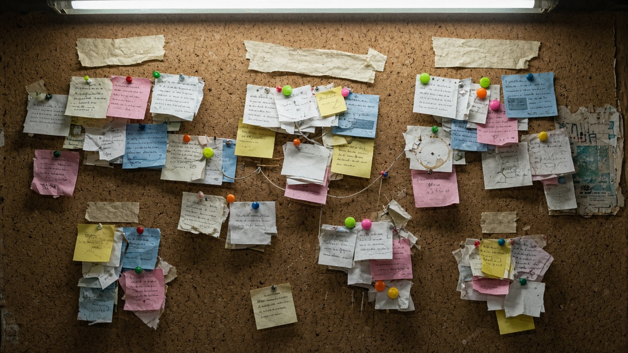 A British site-cabin cork pinboard under fluorescent tubes: handwritten near-miss cards pinned in messy location clusters, fluorescent lime orange and pink dots marking the groups, dog-eared slips overlapping, no desk in frame.